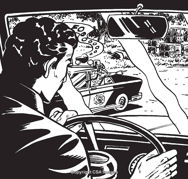 Driver Encounters Police Patrol in Vintage Comic-Style Illustration