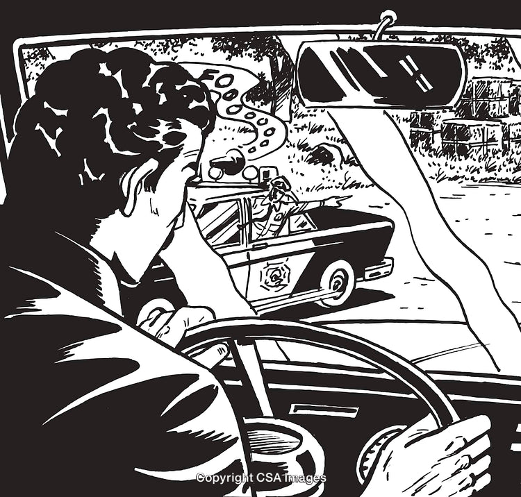 Driver Encounters Police Patrol in Vintage Comic-Style Illustration