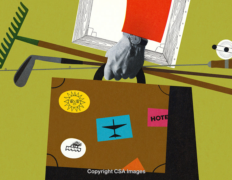 Illustrated Travel Concept Featuring Luggage and Recreational Equipment Against Green Background