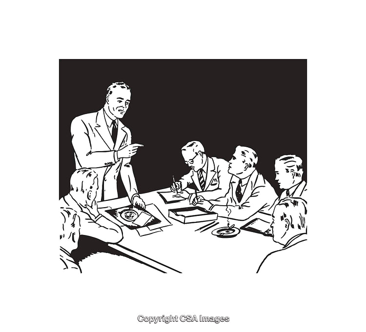 Retro Black and White Business Meeting Illustration in a Corporate Setting
