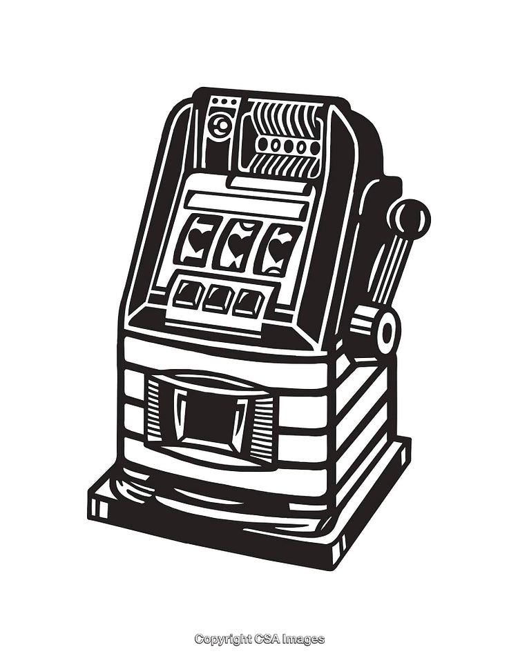Black And White Slot Machine Illustration Depicting Gambling In Bold Line Art Style