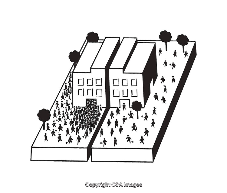 Black And White Illustration of Two Buildings With Crowds and Trees