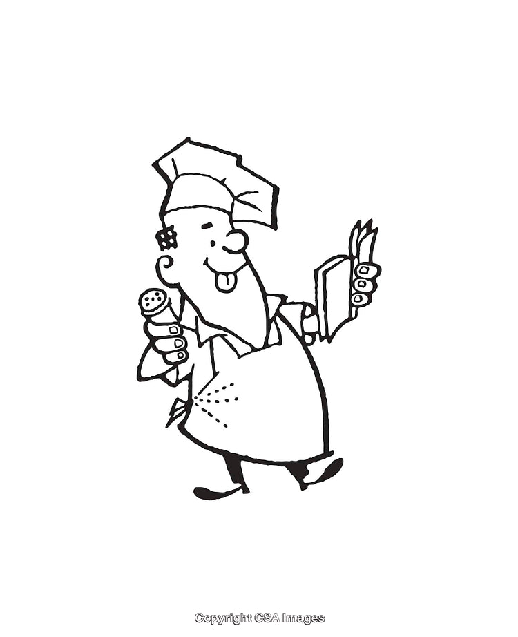 Whimsical Chef Line Art Holding a Cookbook and Pepper Shaker