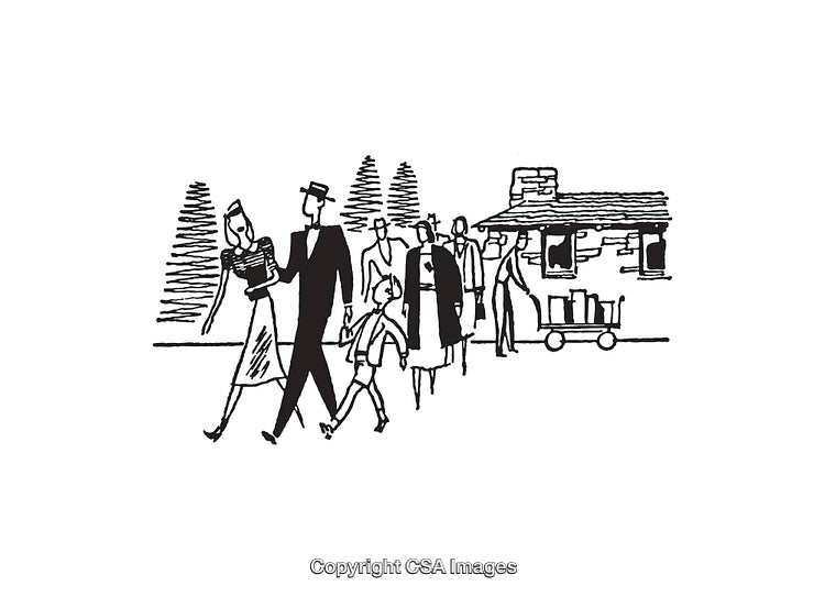 Retro Line Art of People Walking Together in a Scenic Park Setting