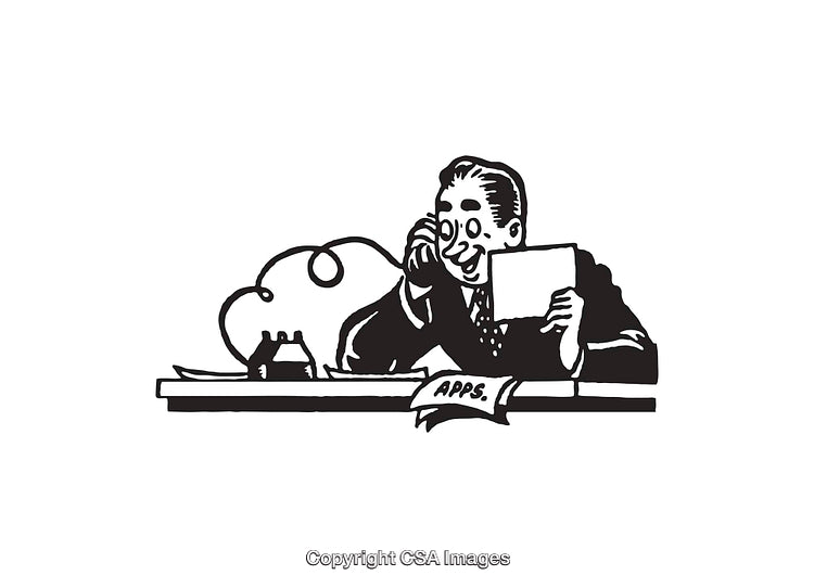 Retro Style Illustration of a Businessman at a Desk Reviewing Documents