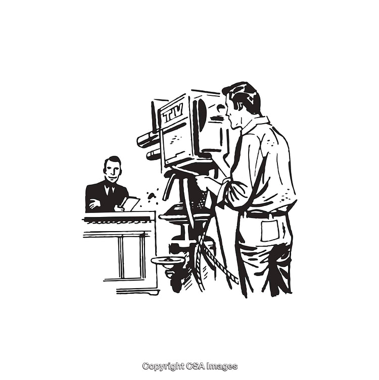 Black and White Line Art of a Television Studio Setting Scene