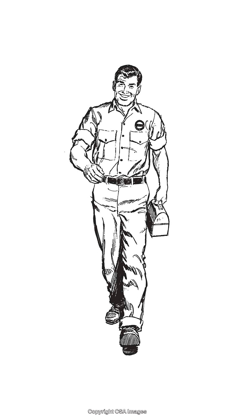 Retro Line Art Illustration of a Smiling Delivery Worker Carrying a Lunchbox