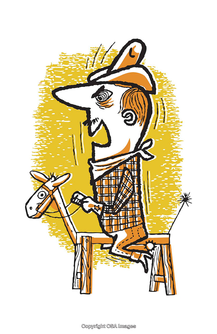Quirky Illustration of a Cowboy Riding a Wooden Hobby Horse