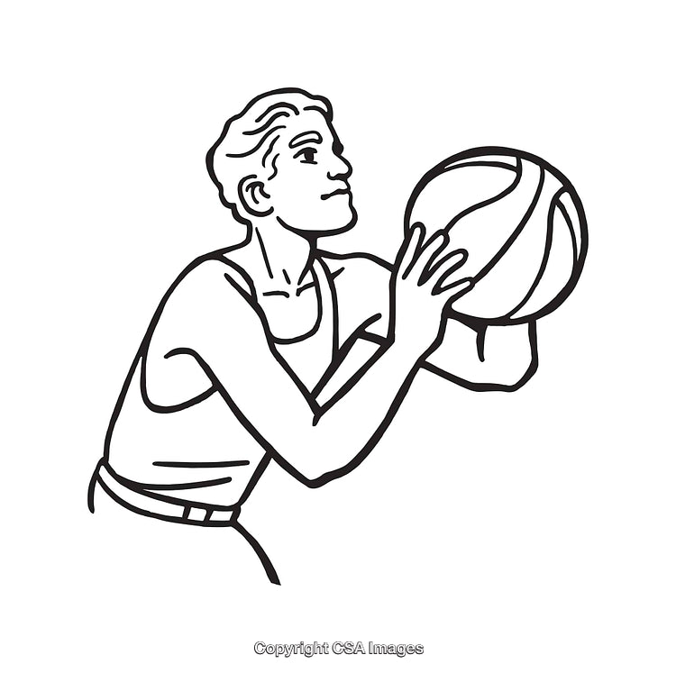Black and White Line Art Illustration of Basketball Player Preparing a Shot