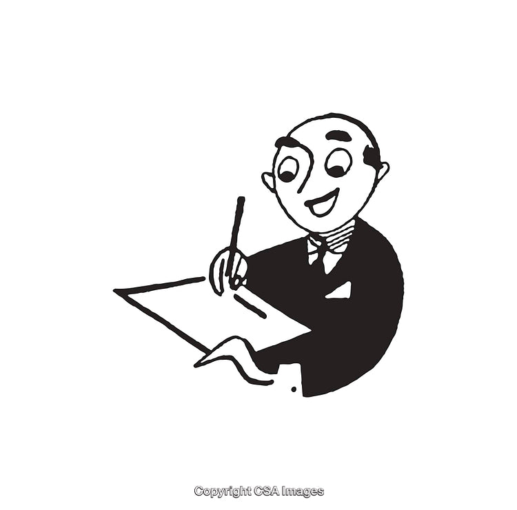 Black and White Illustration of Man Writing on Paper Cheerfully