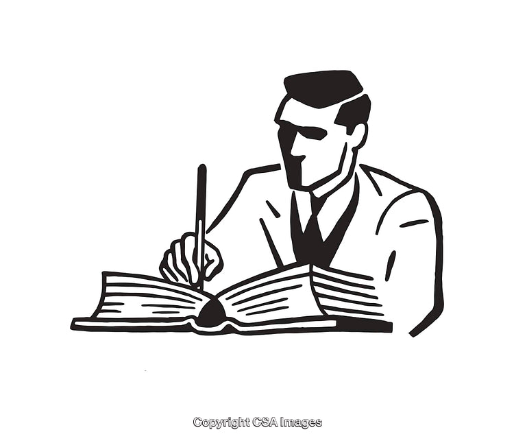Black and White Illustration of a Person Writing in a Large Book