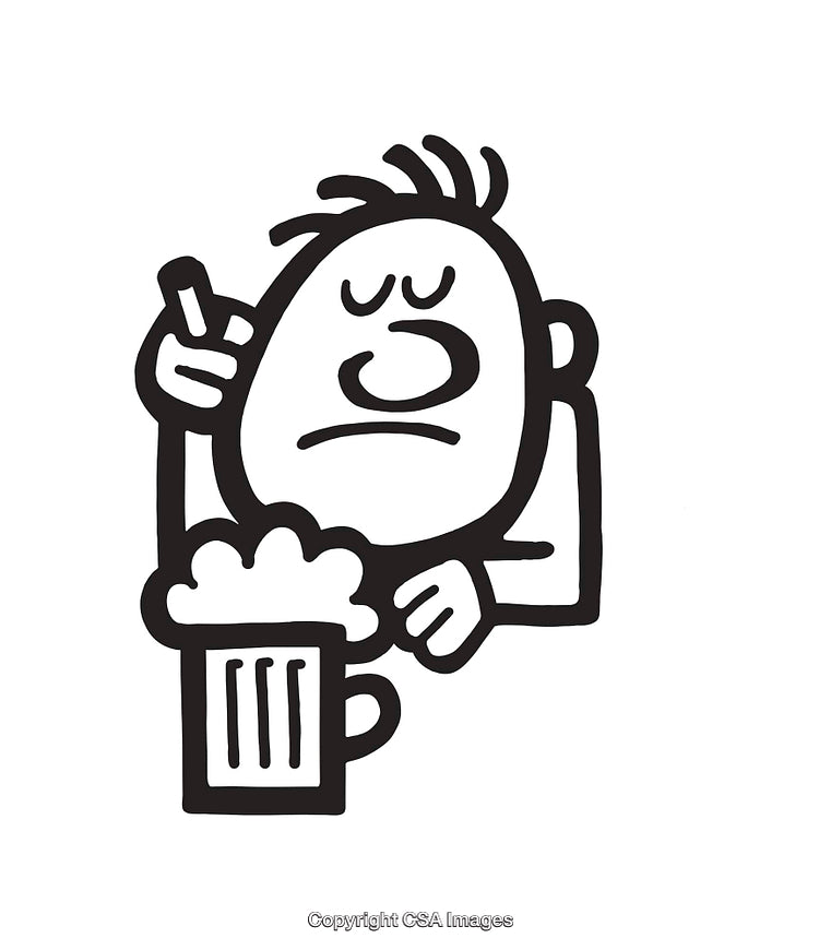 Black and White Cartoon Depicting Reflective Individual Enjoying a Beer Mug