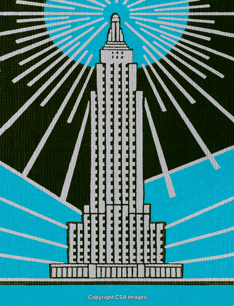 Stylized Art Deco Skyscraper Illustration with Radiant Abstract Background