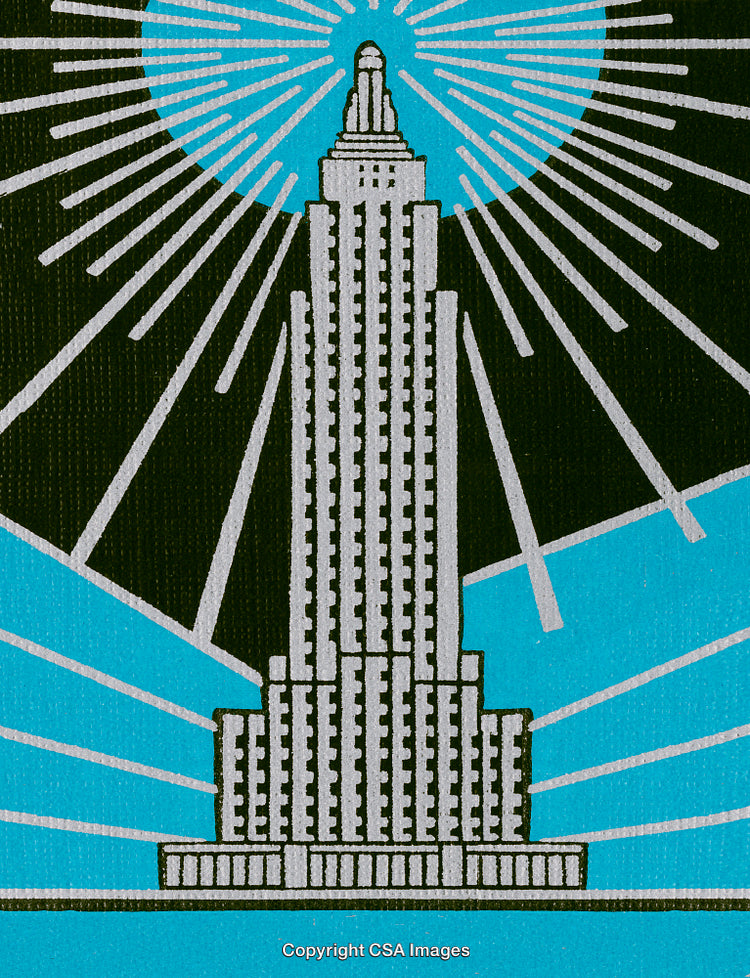 Stylized Art Deco Skyscraper Illustration with Radiant Abstract Background