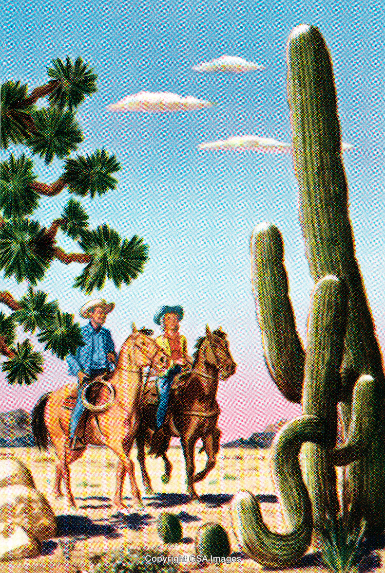 Two Cowboys Riding Horses in the Southwestern Desert Landscape