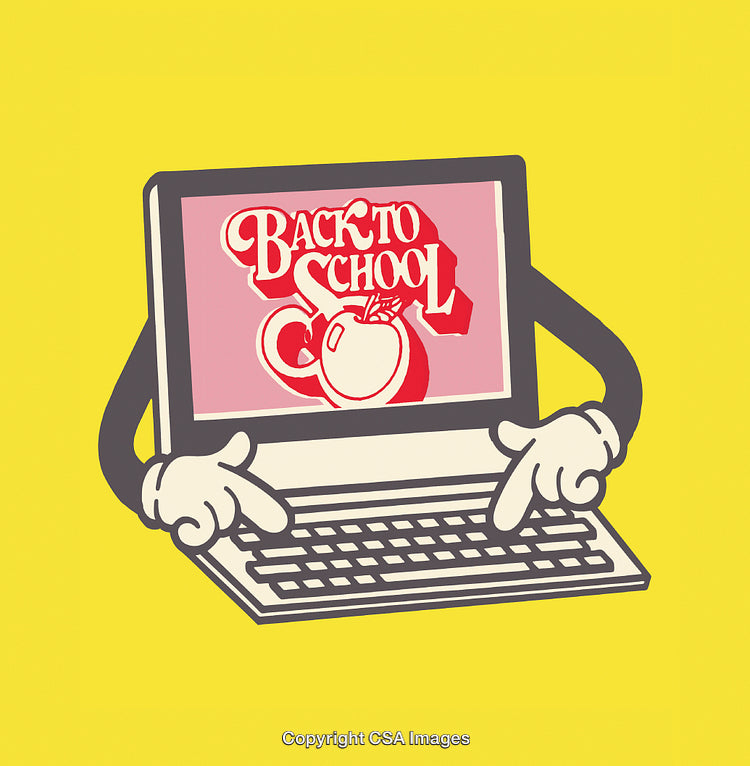 Illustration of a Cartoon Laptop Promoting a Back to School Event on Yellow