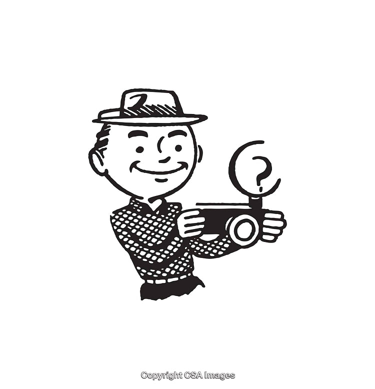Vintage Line Art Illustration of a Smiling Photographer Capturing Moments
