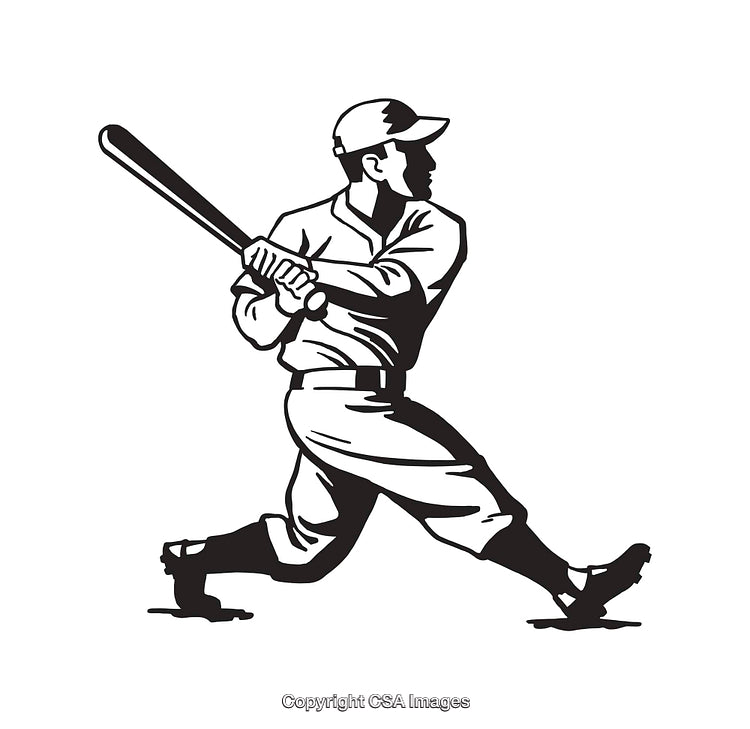 Black and White Line Illustration of a Baseball Player Swinging a Bat