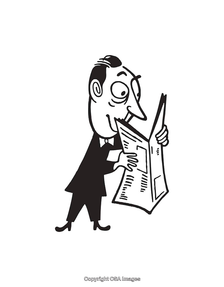 Black And White Illustration of Man Reading a Newspaper in Stylized Style