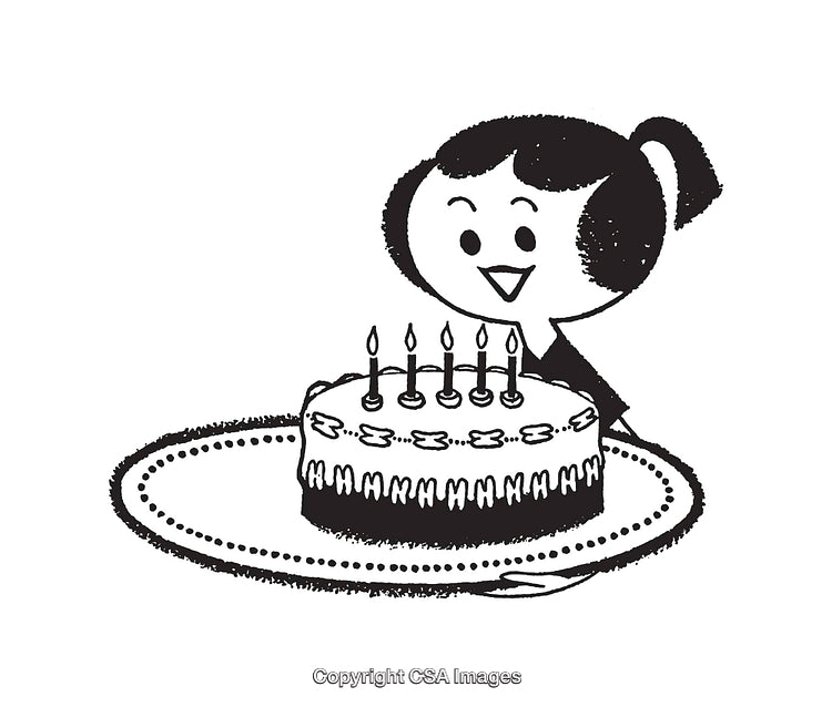 Vintage Black and White Illustration of Girl Presenting Birthday Cake