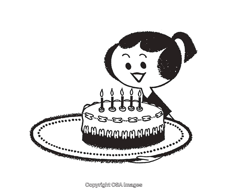 Vintage Black and White Illustration of Girl Presenting Birthday Cake