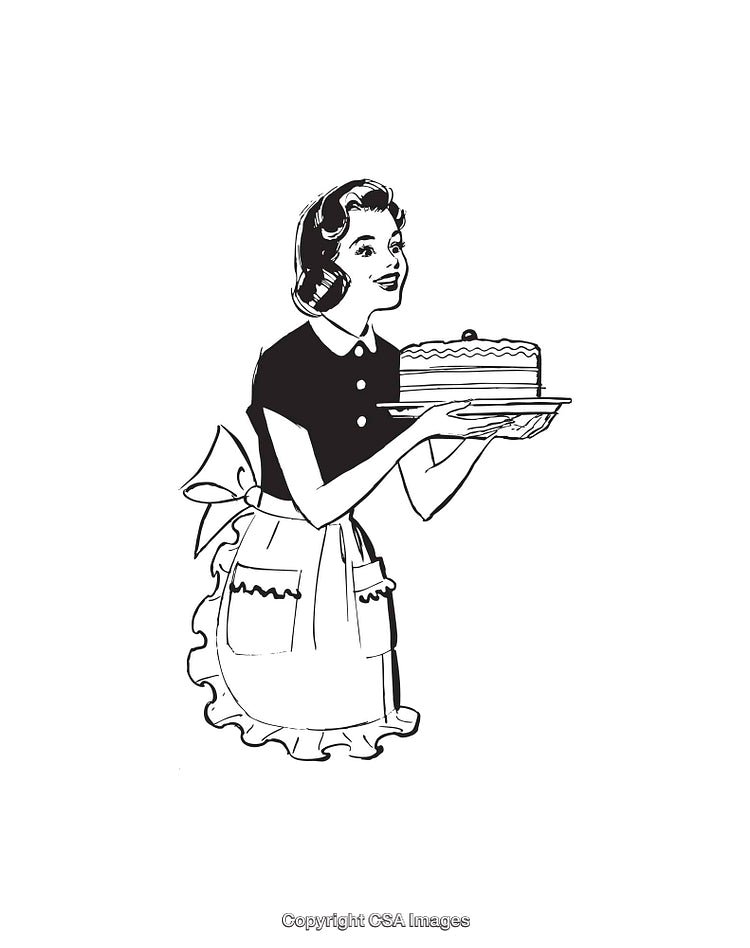 Vintage Line Art of Woman Carrying Cake in Apron