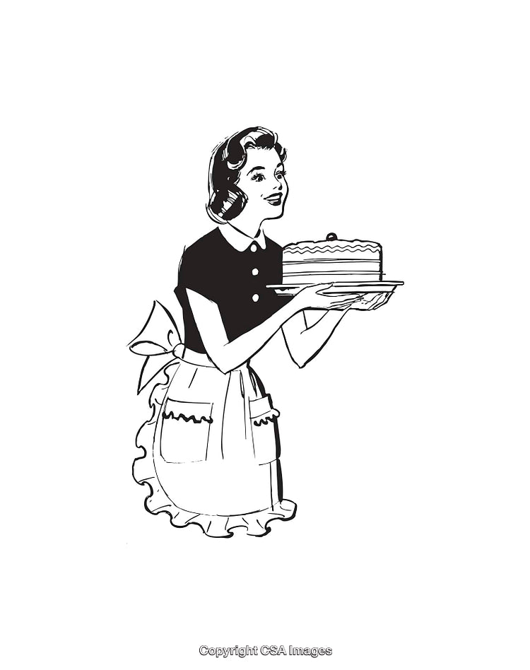 Vintage Line Art of Woman Carrying Cake in Apron