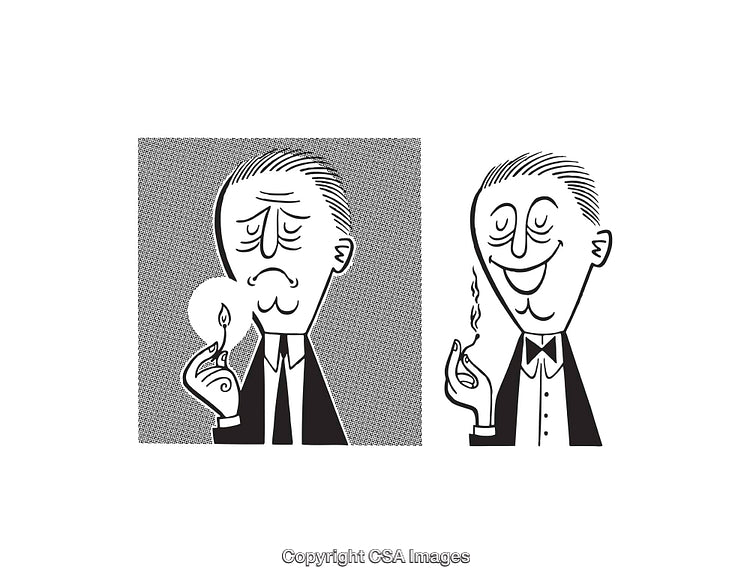 Black and White Illustrations of Man Holding Matchstick with Expressions