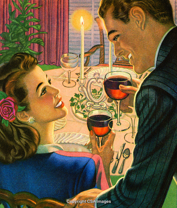 Romantic Candlelit Dinner with Wine in Retro Style Artwork