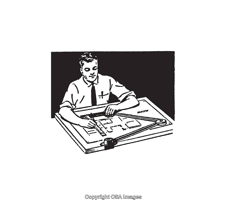 Architect Drafting a Design Plan in a Retro Illustration Style