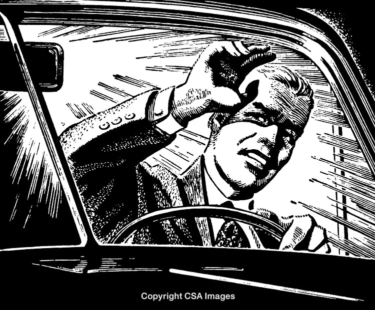 Black and White Engraving of a Man Driving a Car Under Sunlight