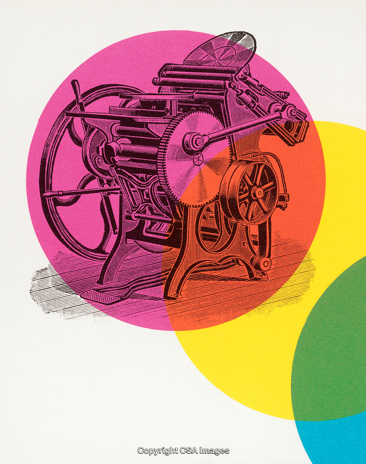 Vintage Printing Machine Illustration with Colorful Geometric Overlays