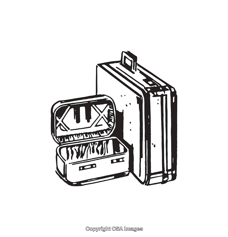 Retro Black and White Line Art of Suitcase and Container