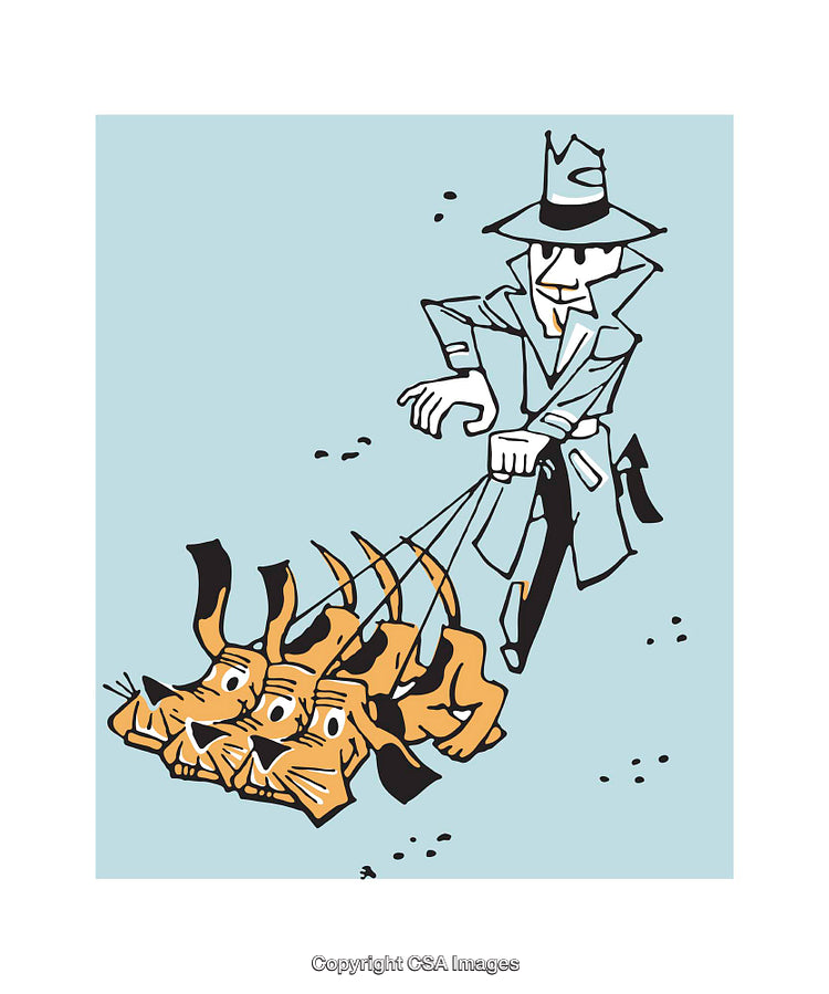Cartoon Detective Walking a Leashed Mythological Three-Headed Dog