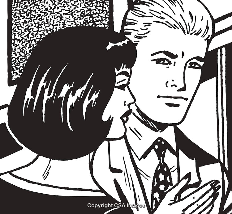 Vintage Black and White Style Illustration Depicting Two People Communicating