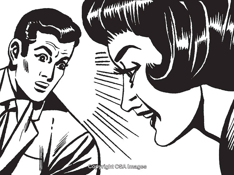 Cartoon Style Illustration Depicting Male and Female Discussing Emotive Subject