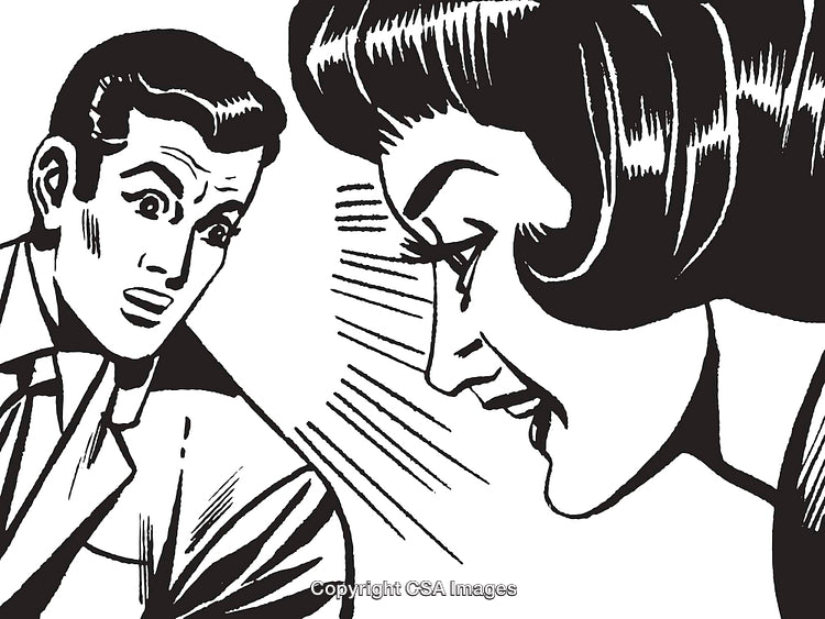 Cartoon Style Illustration Depicting Male and Female Discussing Emotive Subject