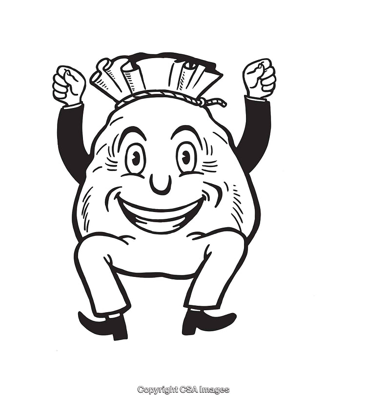 Happy Money Bag Character Celebrating with Joyful Expressions and Arm Raised