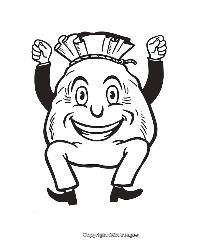 Happy Money Bag Character Celebrating with Joyful Expressions and Arm Raised