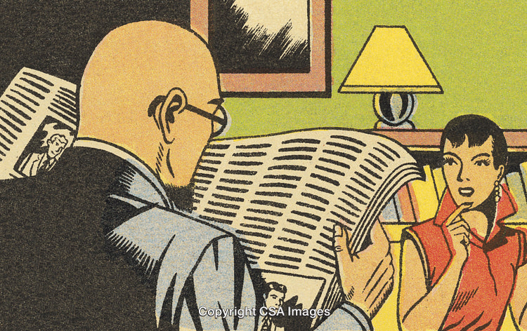 Retro Cartoon of Man Reading Newspaper and Woman in Thoughtful Conversation