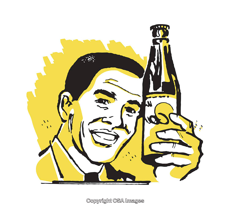Retro Style Illustration of a Smiling Man Holding a Refreshing Beverage Bottle