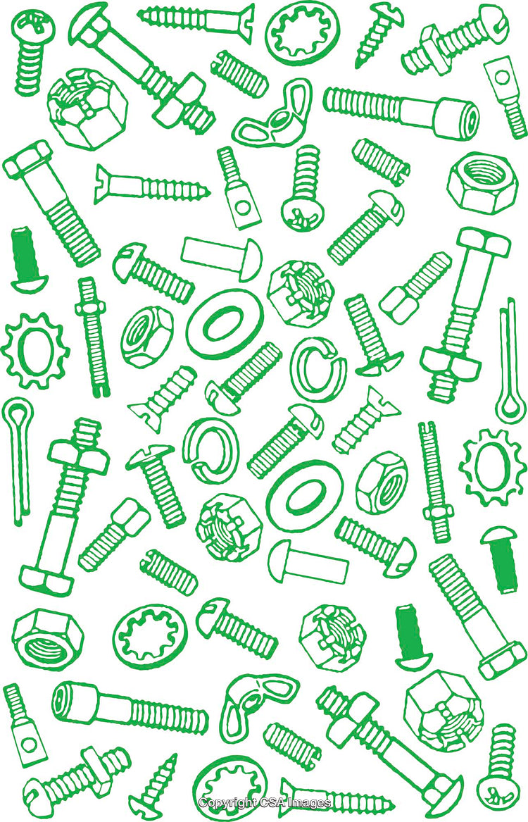 Assorted Green Hardware Components Displayed in a Random Graphic Pattern