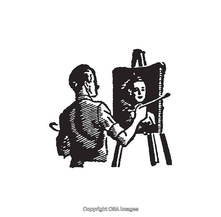 Black and White Line Artwork of an Artist Painting a Portrait