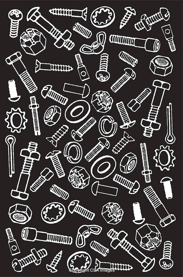 Black and White Pattern Featuring Hand-Drawn Screws, Bolts, and Nuts