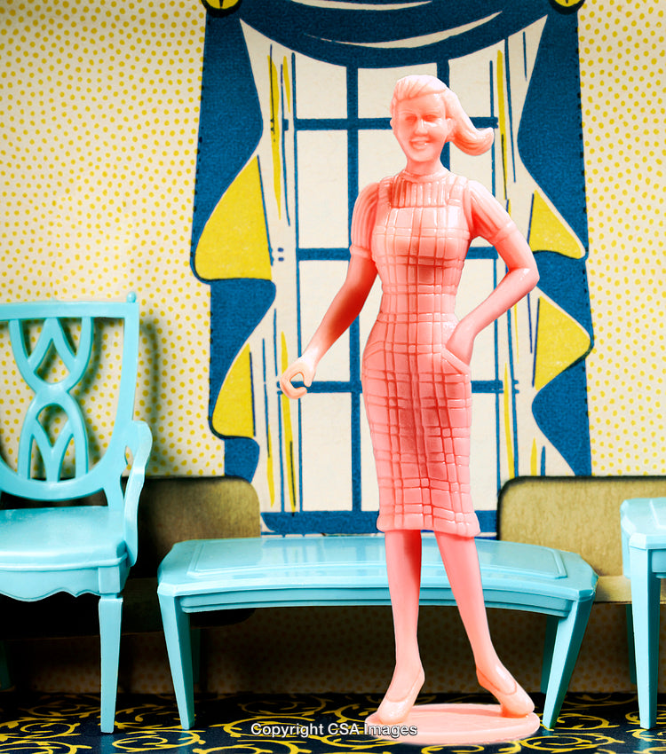 Plastic Figurine in Retro Interior with Pastel Furniture and Patterns