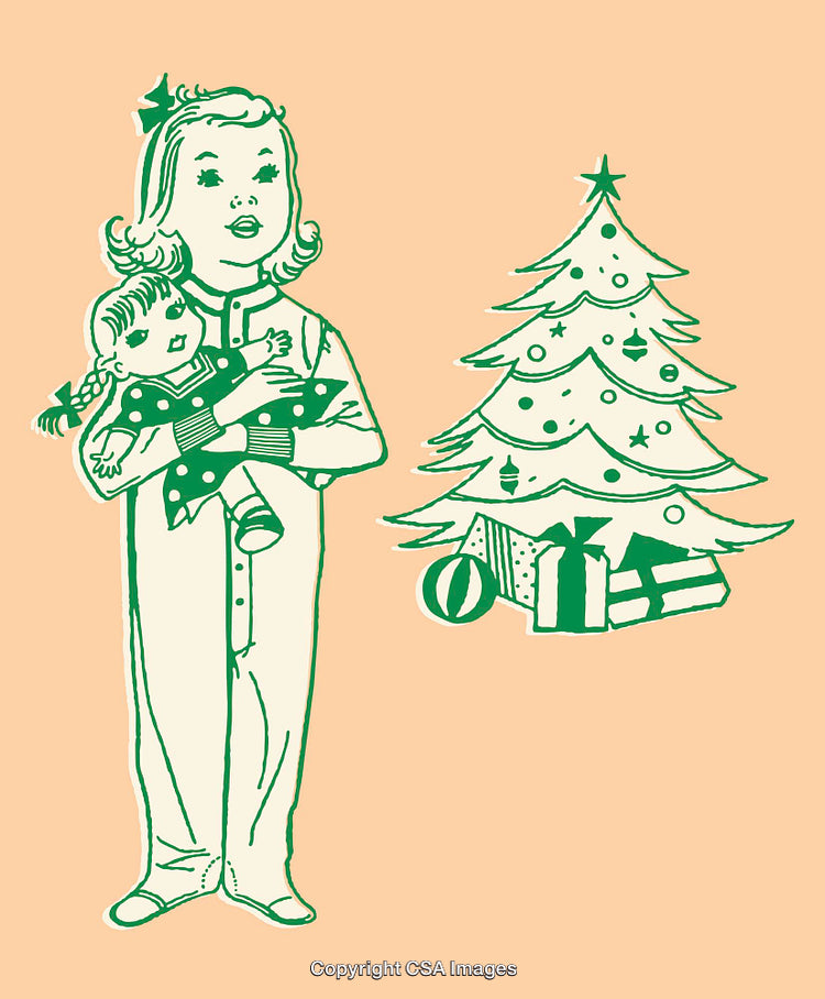 Christmas Illustration of Girl with Doll and Decorated Tree with Gifts