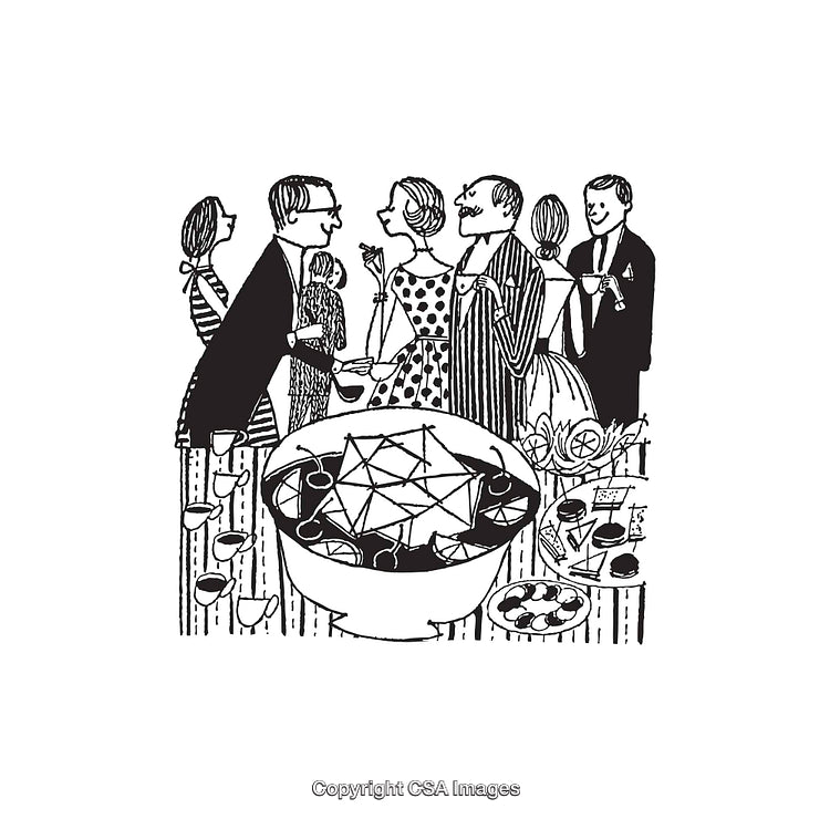 Black and White Line Artwork of a Social Gathering with Drinks
