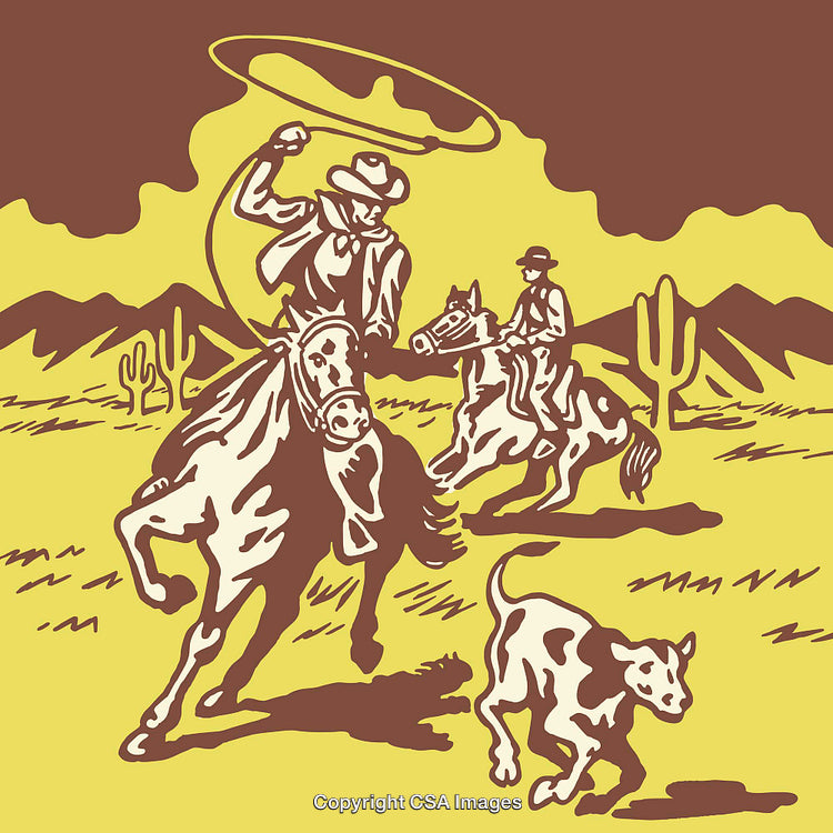 Western Cowboy Scene with Horses and Lasso in Line Art Style