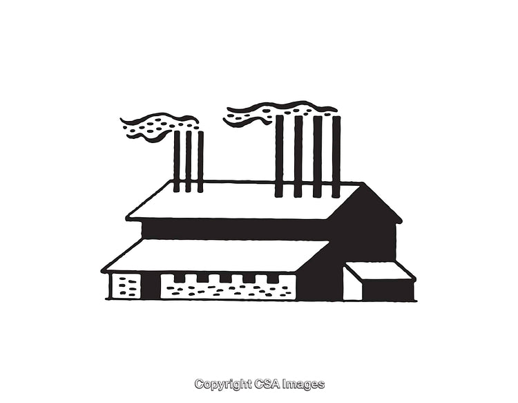 Simple Black and White Line Art of Factory Building with Smoke Stacks