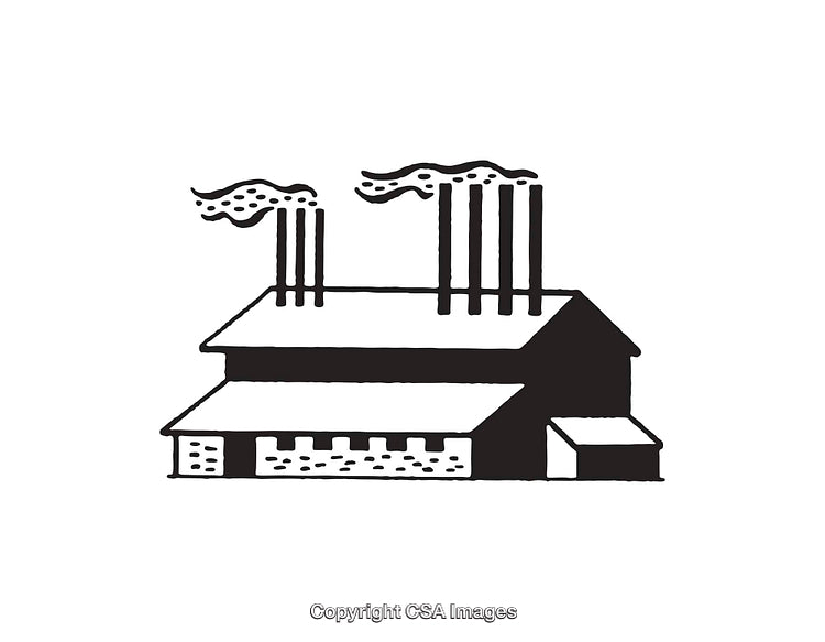 Simple Black and White Line Art of Factory Building with Smoke Stacks